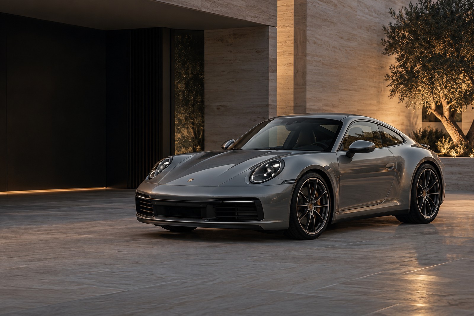Graphite sports coupe outside a contemporary stone residence at dusk