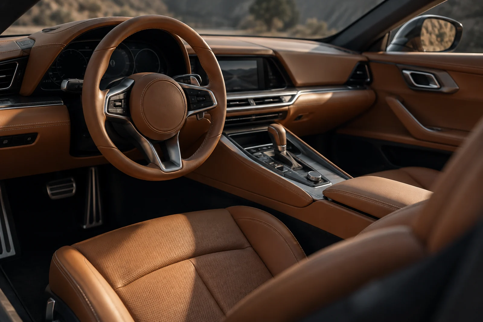 Saddle leather and brushed metal details inside a premium car
